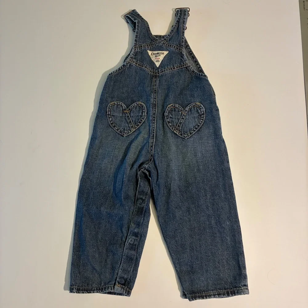 OshKosh Bgosh Girls 24 Months Blue Denim Heart Embroidered Bib Overalls 434A117